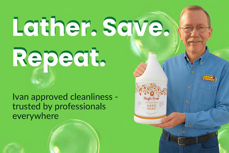 Ivan holding High Five antibacterial hand soap gallon