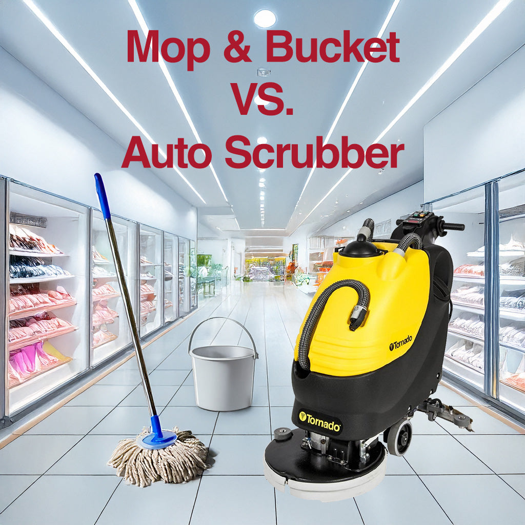 Visual representation of mop and bucket vs Auto Scrubber in a large grocery store