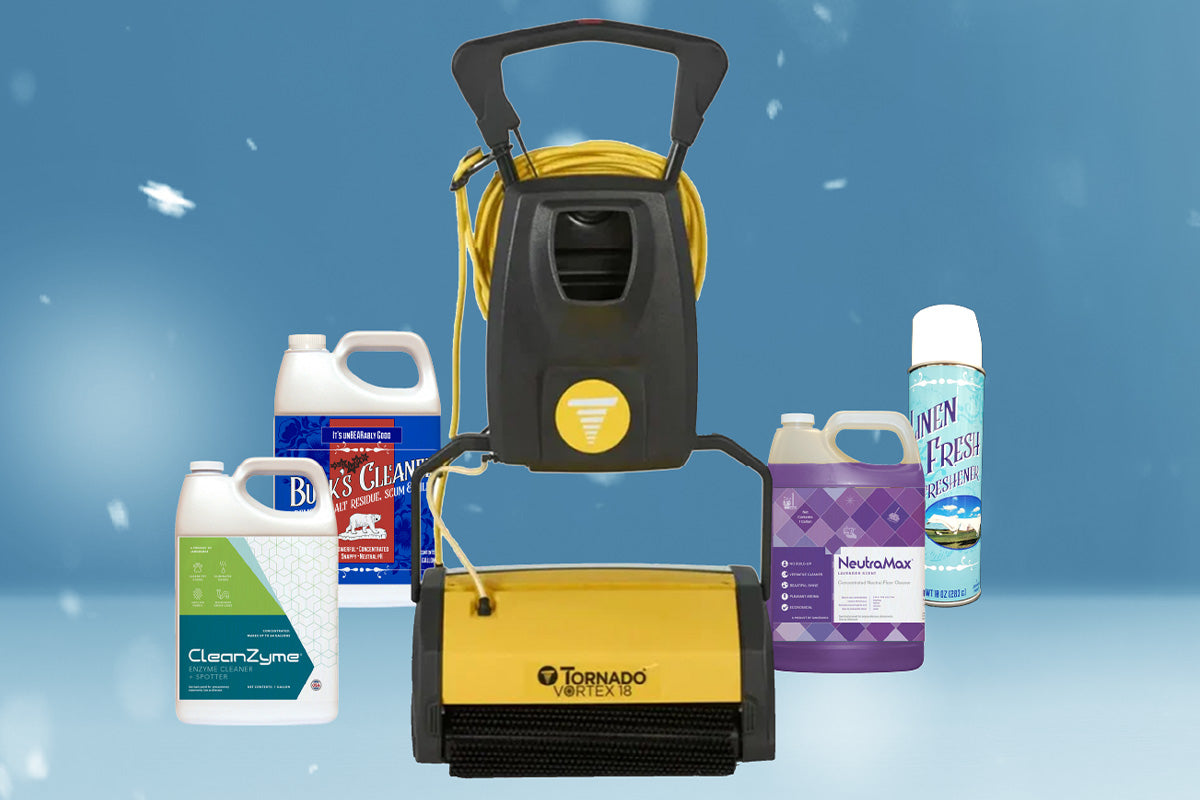 Bundle special include 18 inch auto scrubber, Bunk's Cleaner, NeutraMax Floor Cleaner, Cleanzyme and free deodorizer