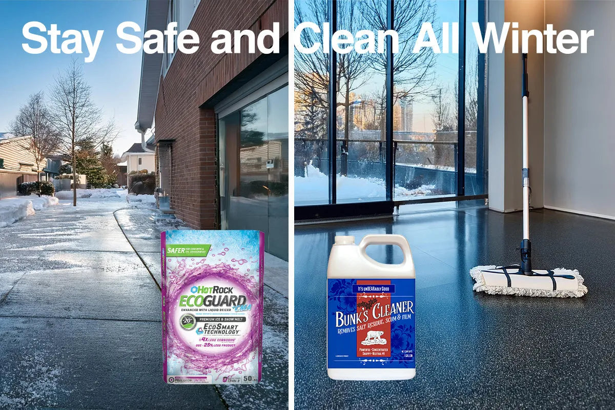 Split image showing winter solutions: a cleared outdoor walkway with ice melt applied on the left, and a clean indoor floor with cleaning equipment and Bunk’s Cleaner on the right. Text reads 'Stay Safe and Clean All Winter.