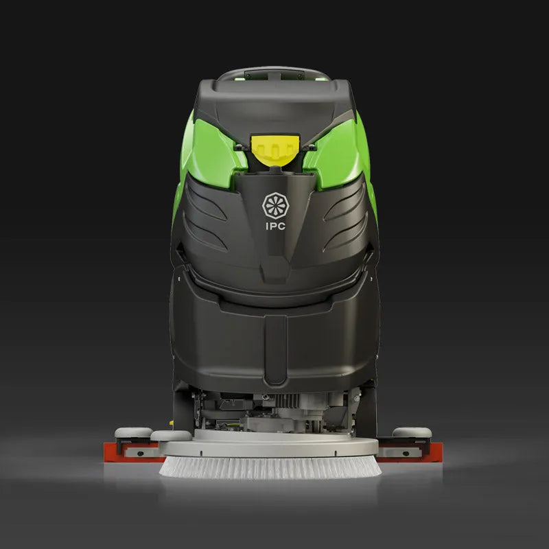 Front view of the IPC Eagle CT71XP50 autoscrubber, displaying the robust build, actuated disc scrub head, and ergonomic handle, designed for efficient and thorough cleaning in large areas