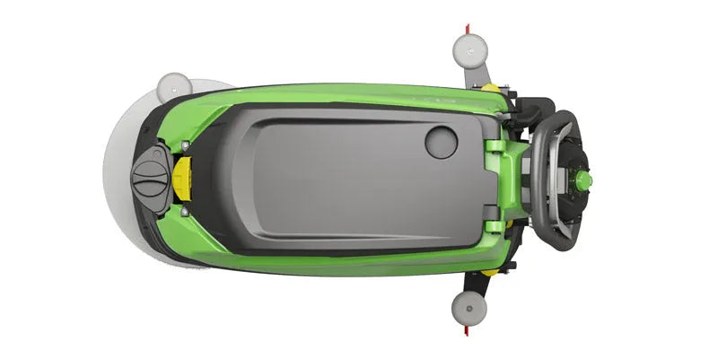 Top-down view of the IPC Eagle CT71XP50 autoscrubber, showing the layout of the control panel, water tanks, and scrub head placement, emphasizing the machine's compact design and user-friendly interface