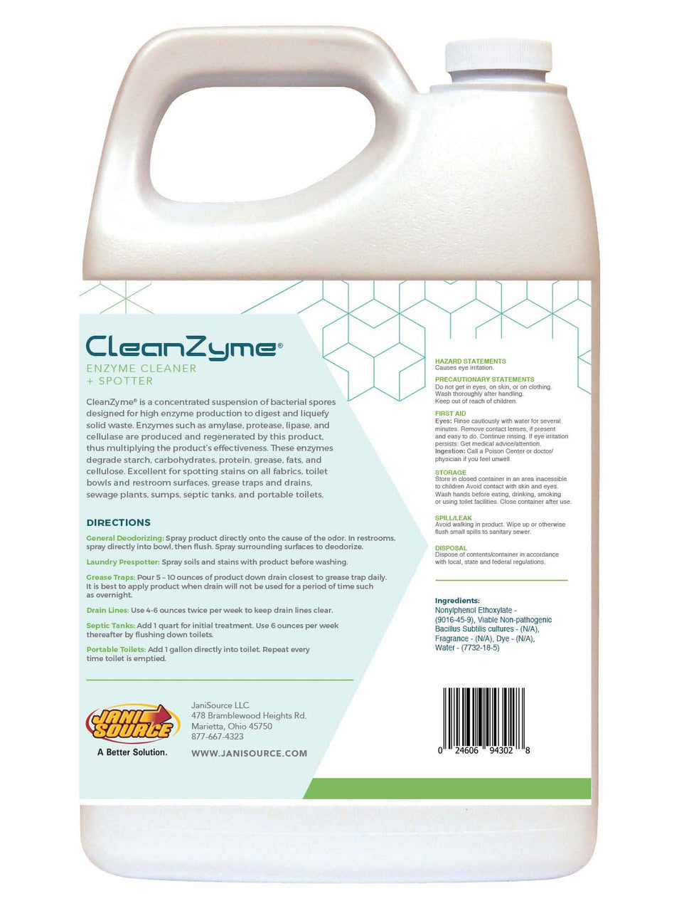 JaniSource CleanZyme - Enzyme Cleaner, Spotter & Odor Remover, 1 Gallon 